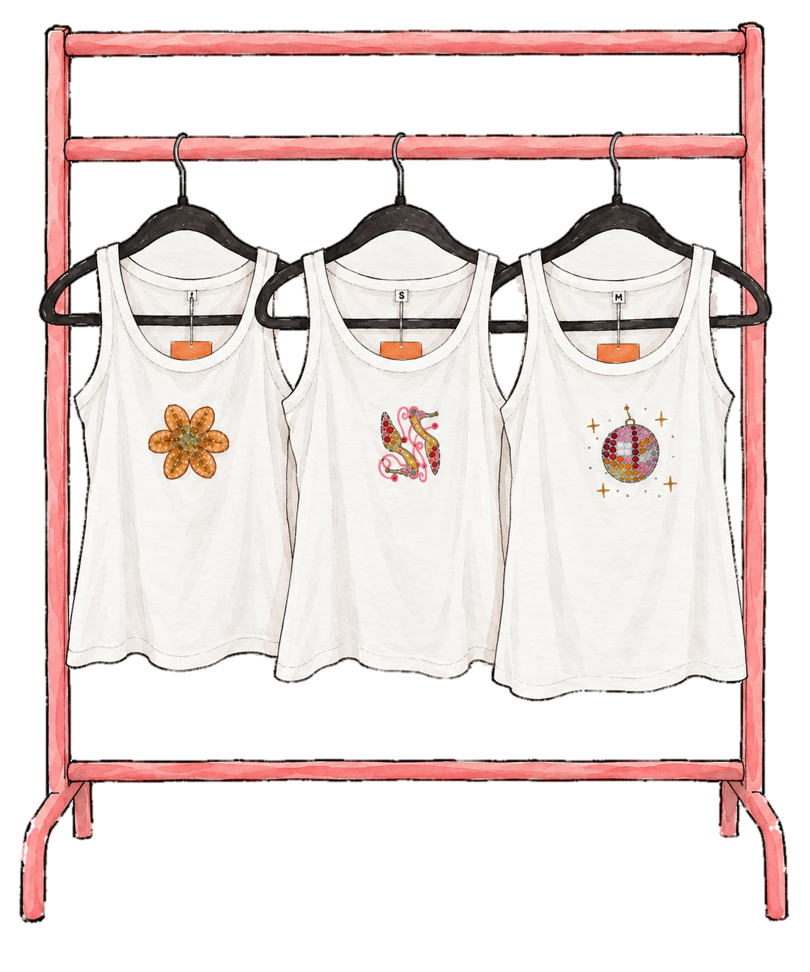 watercolour drawing of three hand-beaded white tanks hanging on a rack